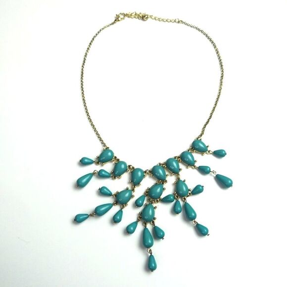 Teardrop Faux Turquoise Beaded Bib Statement Necklace Gold Tone Boho Festival - Picture 1 of 7